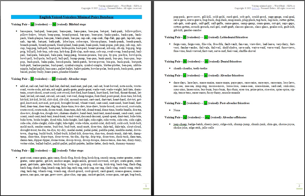 Voicing minimal pairs Word Bank